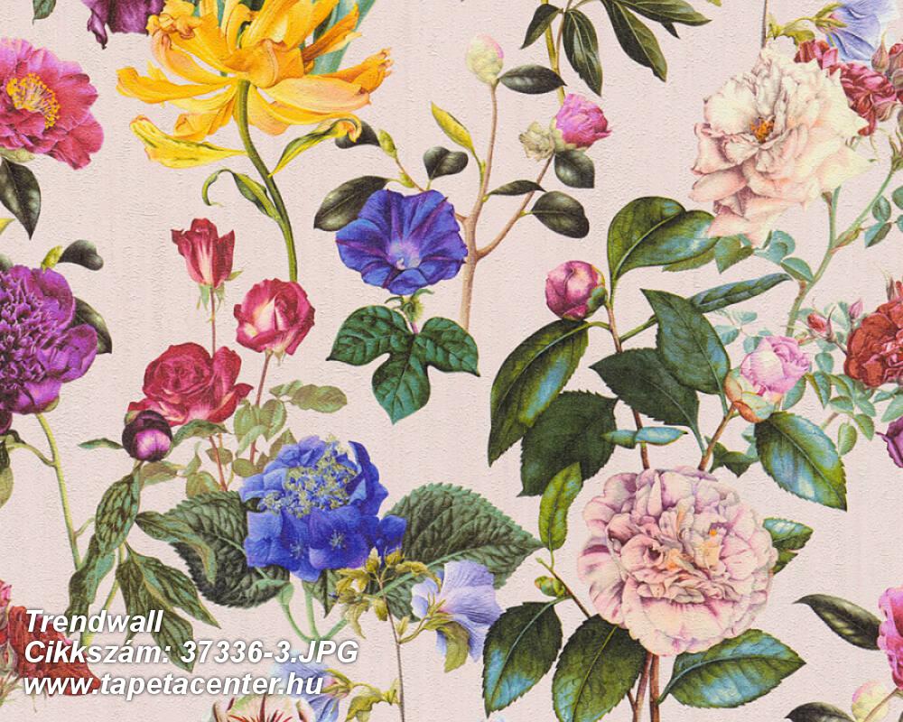 Virágmintás,bézs-drapp,kék,lila,narancs-terrakotta,sárga,súrolható,vlies tapéta 